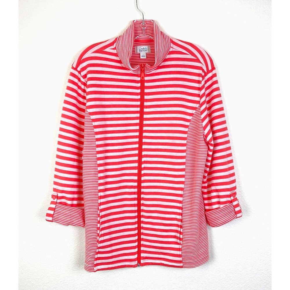 Croft & Barrow Zip Front Jacket Top Size L Coral White Striped Pockets